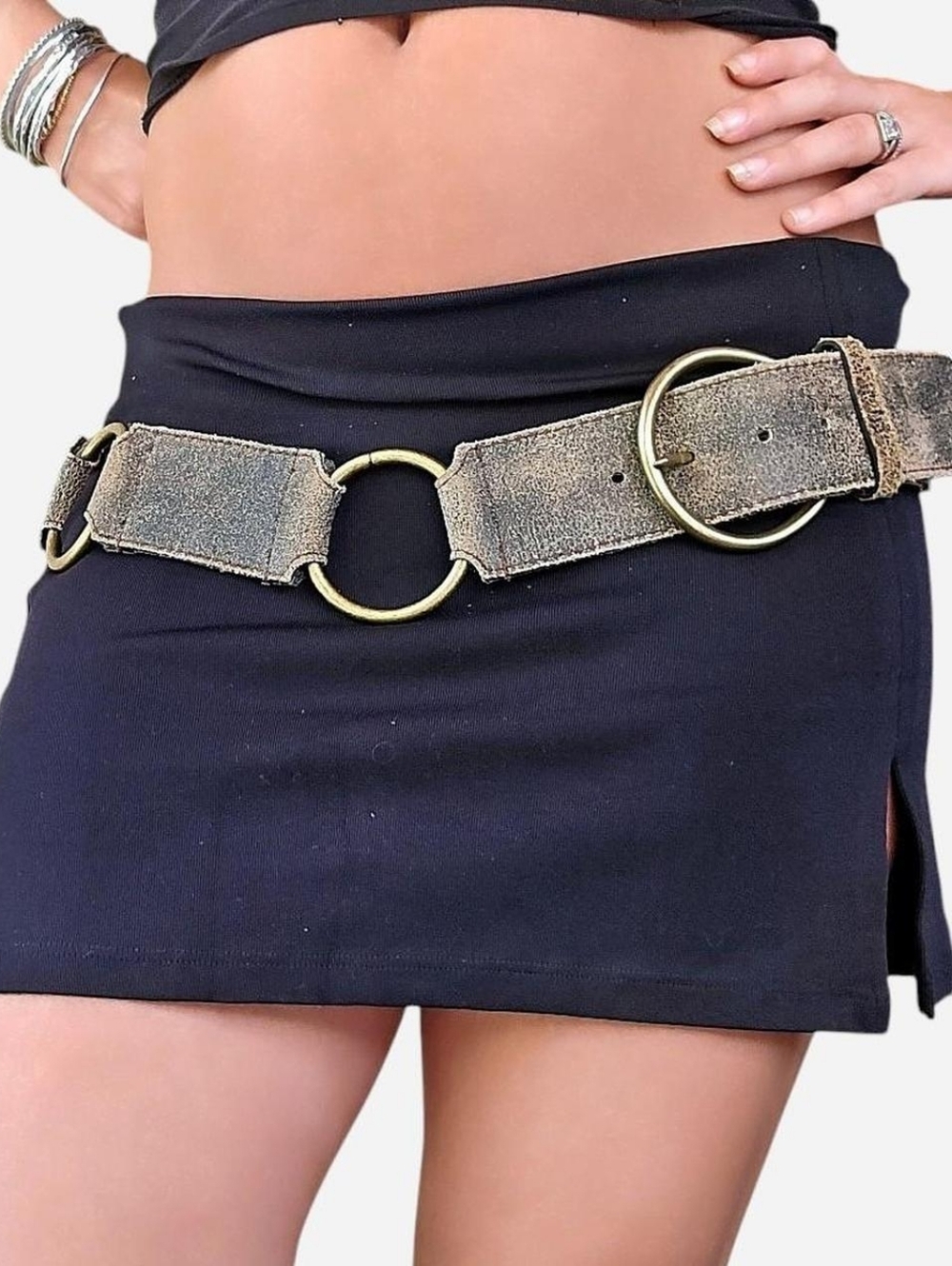 Vintage Rustic Genuine Leather Belt With Brass Rings Hoops Brown Grey